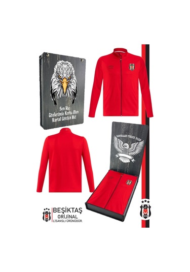 Beşiktaş Lisanslı Fermuarlı Dik Yaka Kırmızı Sweat Ahşap Kutulu 001