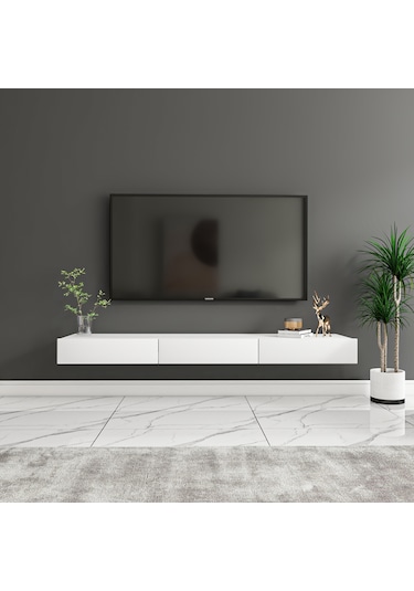 Avalon 3 Kapaklı Duvara Monte Tv Sehpası 140 Cm, Modern Minimal Tasarım, Tv Ünitesi - Beyaz Beyaz