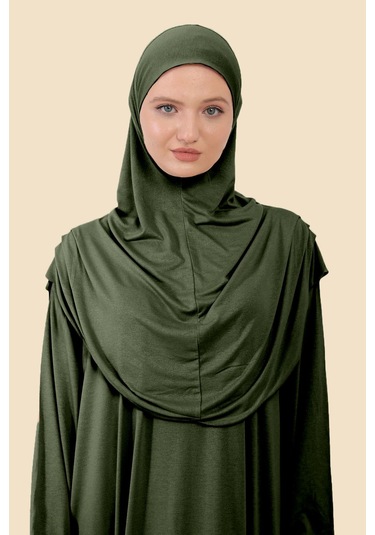 Tek Parça Tesettür Namaz Elbisesi Tak Çıkar Başörtülü Organik Pamuklu Lastikli Kolu Kaymaz Penye Haki
