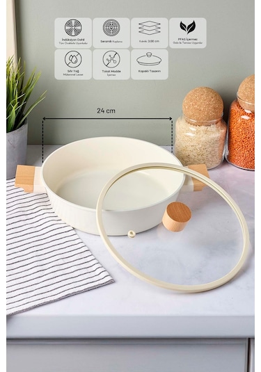 Cookwood Beige İndüksiyon Tabanlı Ahşap Kulplu Kapaklı Seramik Derin Tencere 24 Cm Bej Bej
