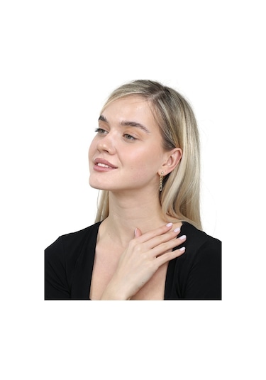 Tesbihane  Zincir Tasarım Yarım Tur Gold Renk 925 Ayar Gümüş Kadın Küpe