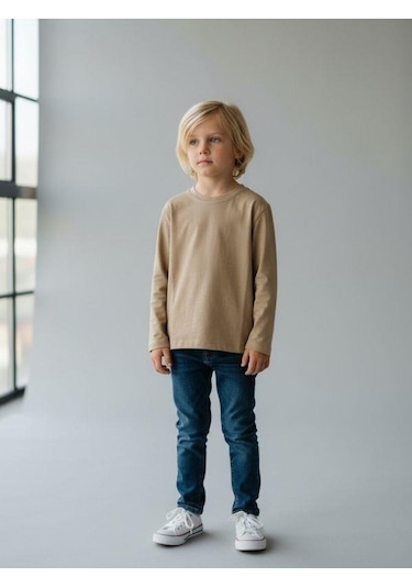 Zekids Erkek Çocuk Pamuklu Bisiklet Yaka Uzun Kollu Basic T-shirt-16775 Bej