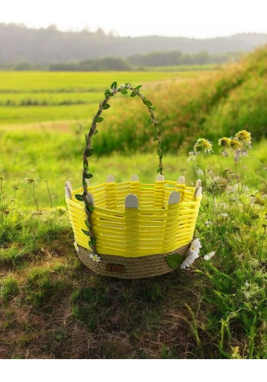 Sepet Takı Organizer Makyaj Kutusu Hasır El Yapımı Çok Amaçlı Komidin Üstü Sarı