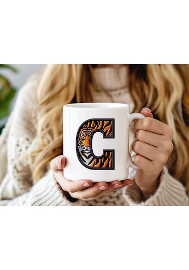 C Harfi Kaplan Figürlü Nakış Desenli Kupa Bardak - Kişiye Özel Vahşi Hayvan Desenli Kupa - Hediye Beyaz