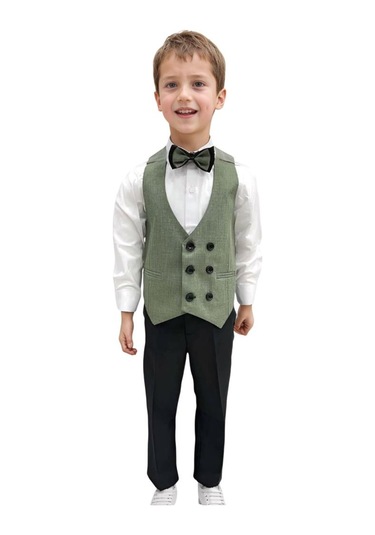 Riccotarz Erkek Bebek Takım Elbise Çizgili Yelekli Yosun Yeşili Alt Üst Takım Yeşil