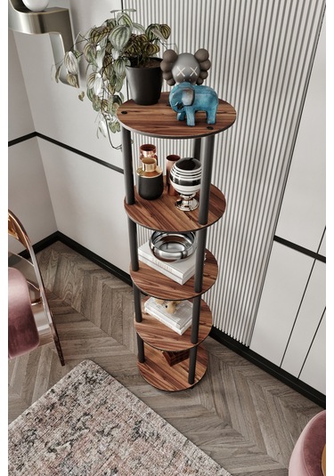 Dekoratif Masivo Kitaplık 5 Katlı 34 Çap Yuvarlak Çok Amaçlı Raf Ceviz