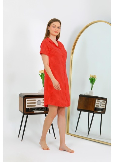 Akbeniz Kadın Pamuk Penye Kısa Kol Düğmeli Kırmızı Tunik Gecelik 13112 Kırmızı