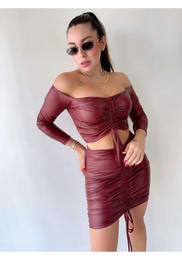 Munn Collection Kadın Büzgülü Deri Etek Takım Fırsat Ürün Bordo