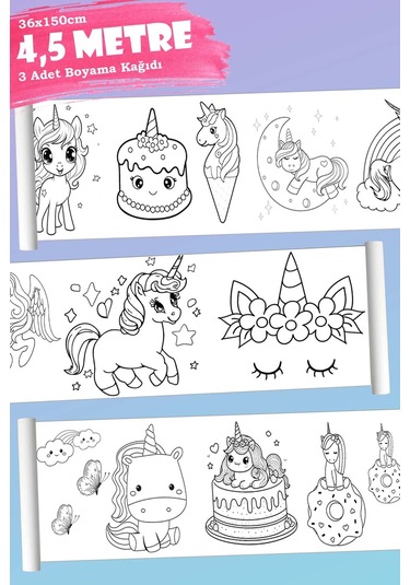 Unicorn Temalı Rulo Aktivite Dev Boyama Kağıdı 4,5 Metre