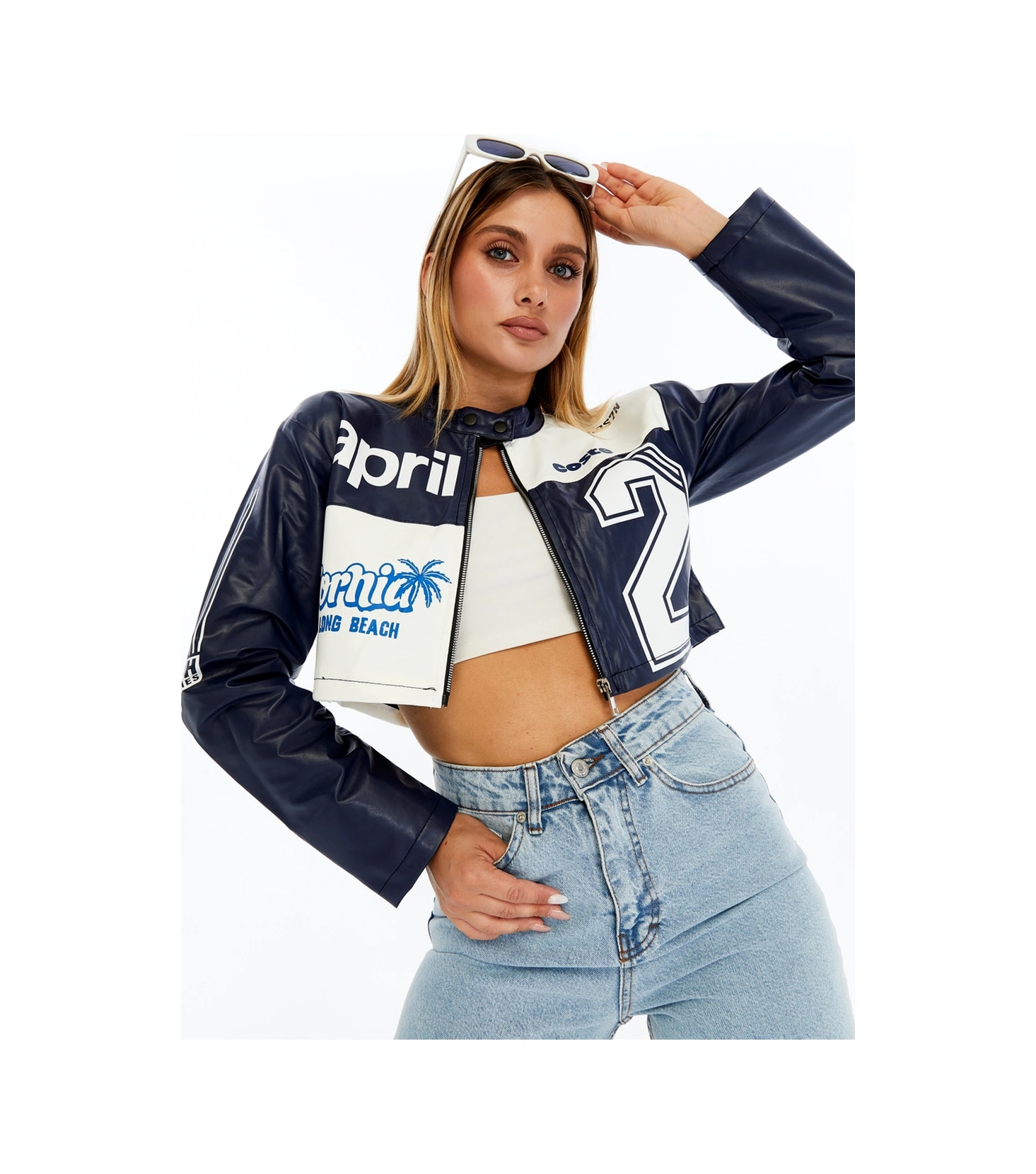 Kadın Crop Deri Ceket Renkli Baskılı Motorcu Stil Mont - Kısa Ceket Çok Renkli Mont - Hakim Yaka Lacivert