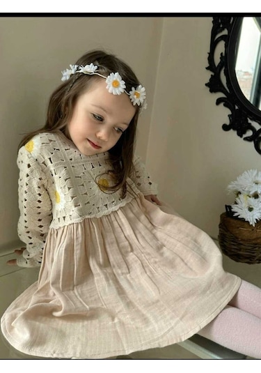 Kız Çocuk Çiçek Desenli Kroşe Müslin Pamuklu Prenses Hediye Doğum Günü Şık Elbise Bej