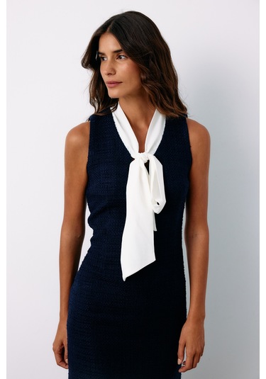 Sateen Fularlı Kolsuz Tüvit Elbise - Lacivert-135150 Lacivert