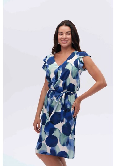 Desenli Fiyonk Bağlamalı Elbise Cnl Çok Renkli