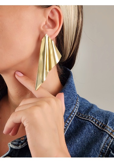Eva Takı Store Yelpaze Dalga Model Büyük Boy Marjinal Gold Küpe