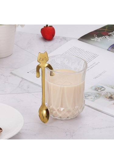 Altın Paslanmaz Çelik Kahve Kaşığı Güzel Sevimli Kedi Şekli Çay Kaşığı Tatlı Aperatif Kepçe Dondurma Mini Kaşık Sofra Mutfak Aletleri