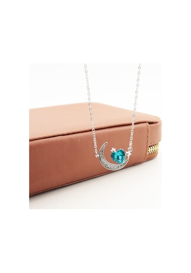 Pigado Paslanmaz Çelik Kalpli Kristal Taşlı Ayyıldız Çelik Kolye Gri