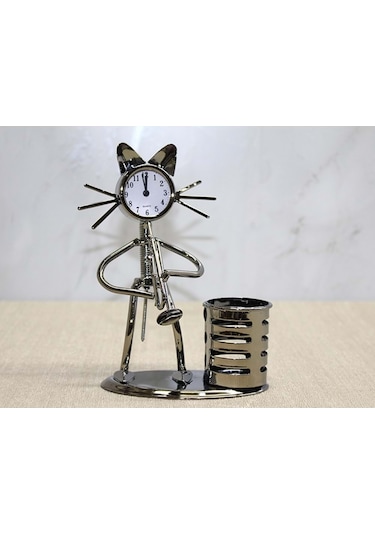 Metal Kedi Müzisyen Saat Ve Kalemlik