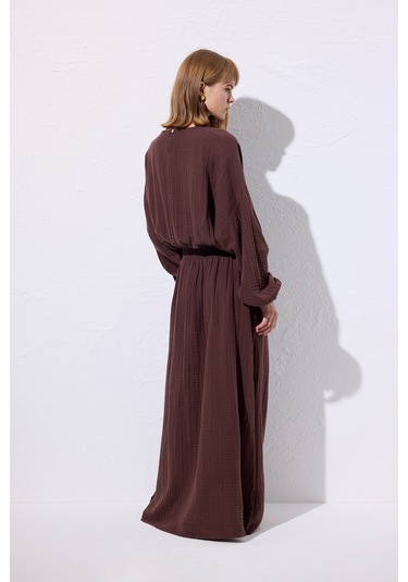 Müslin Beli Büzgülü Elbise Kahverengi Kahverengi