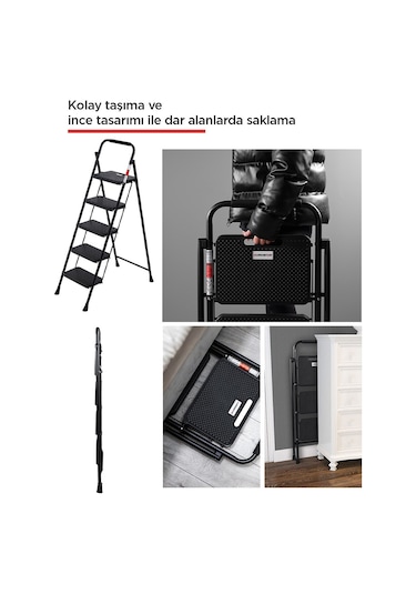 Perilla 51405 Stepla Geniş 5 Basamaklı Katlanır Merdiven Eurotower Siyah 5 Basamaklı