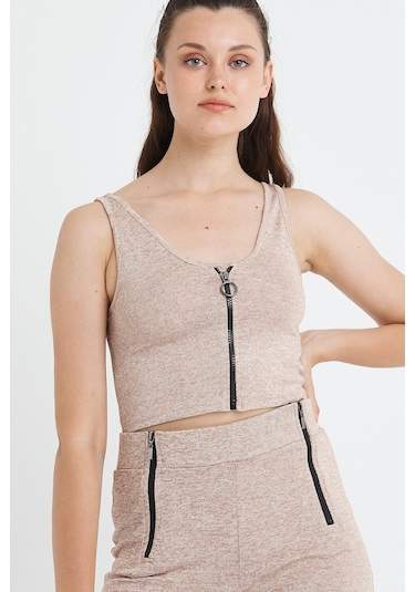 Polo State Kadın Fermuarlı Crop Kum Rengi