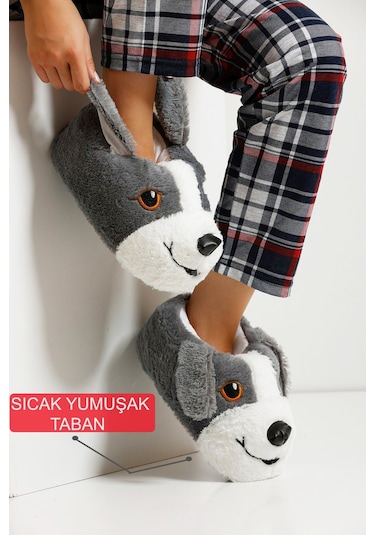 Devida Yumuşak Taban Sevimli Köpek Panduf Gri - Beyaz Beyaz - Gri