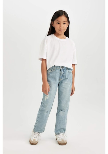 DeFacto Kız Çocuk Straight Fit Yırtık Detaylı Düz Paça Cepli Jean Pantolon D3370A824WNNM28 Mavi
