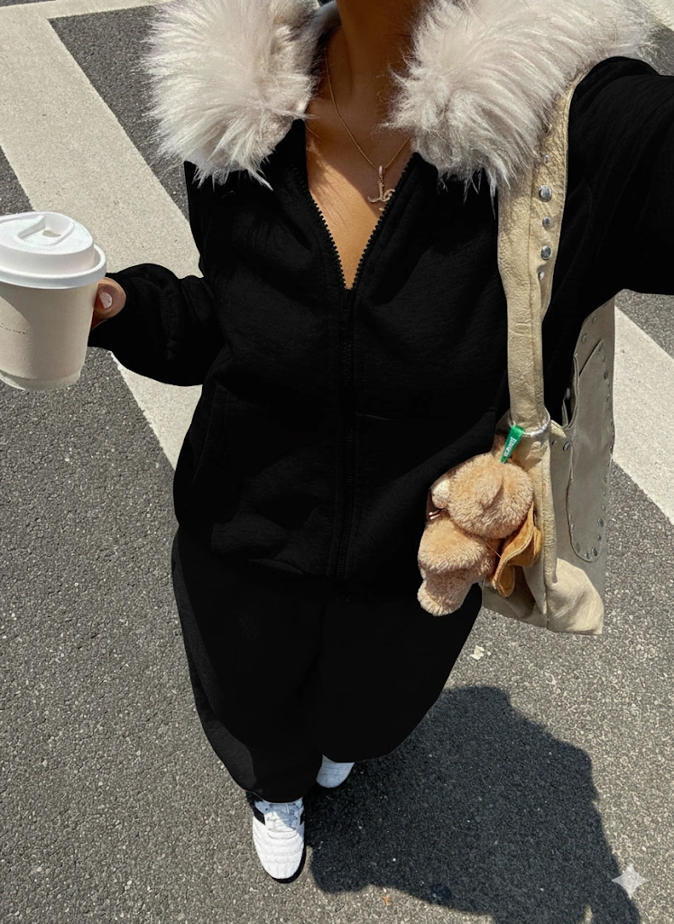 Kadın Siyah Fermuarlı Kapüşonlu Sweatshirt Eşfoman Takımı Kürklü Kapüşon, Cepli, Rahat Kalıp Siyah