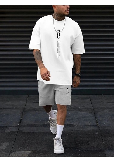 Dikey T-shirt Şort - Beyaz Gri Alt Üst Kombin Şort Tişört Takım Baskılı Oversize Bisiklet Yaka Beyaz Gri