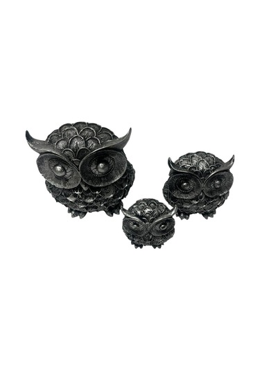 Dekoratif Polyester Üçlü Baykuş Biblo Set Gümüş Eskitme