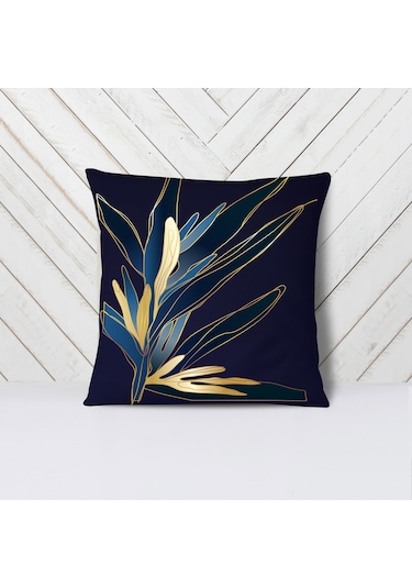 Lacivert Gold Çiçekler- 4 lü Kırlent Kılıf Seti -İki Tarafı