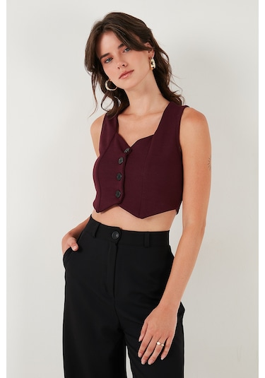 Lela Slim Fit Kalp Yaka Düğmeli Kalın Askılı Crop Bayan Yelek 5865497 Bordo