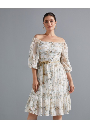 Çiçek Desenli Kadın Elbise - Omzu Açık - Düğme Detaylı - Modern Ve Şık Tasarım - Günlük Ve Özel Günler İçin Elbise Ekru