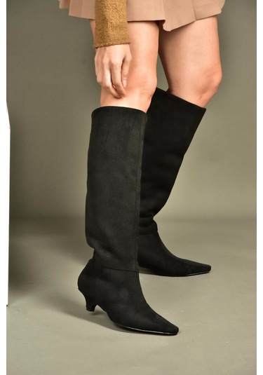 Fox Shoes V404012302 Siyah Süet Kısa Topuklu Kadın Çizme Siyah