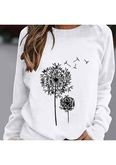 Kadın Uzun Kollu Bisiklet Yaka Çiçek Desenli Viskon Bluz Beyaz