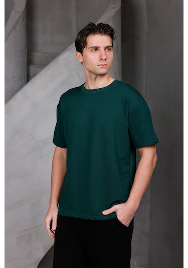 Erkek Basic Oversize Bisiklet Yaka 2 İki İplik Kompakt T-shirt Nefti