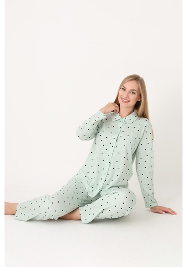 Nbb Kadın Yeşil Polka Dot Önden Düğmeli Pijama Takım YESIL