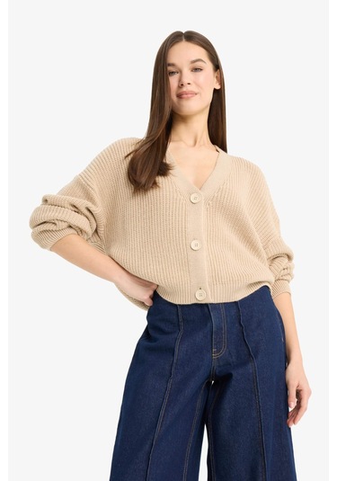 Defacto Regular Fit V Yaka Düğmeli Triko Hırka U2052az25wnbg646 Bej