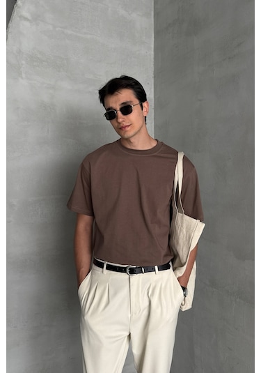 Hyman Erkek %100 Pamuk Oversize Basic T-shirt Kahverengi