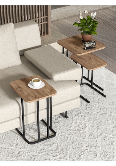 Zigon Sehpa Metal Ayak 3'lü Koltuk Yan Sehpa Zino Atlantik Çam Kahverengi