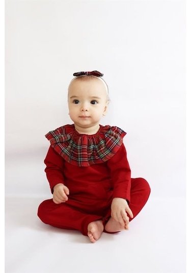 Kız Çocuk Kırmızı Ekose Yakalı Çıtçıt Detaylı Yılbaşı Tulum Salopet Tlm-0058 Kırmızı