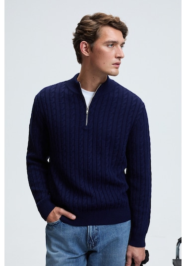 IVAR Erkek Yarım Fermuarlı Dik Yakalı Saç Örgü Desenli Triko Lacivert Kazak