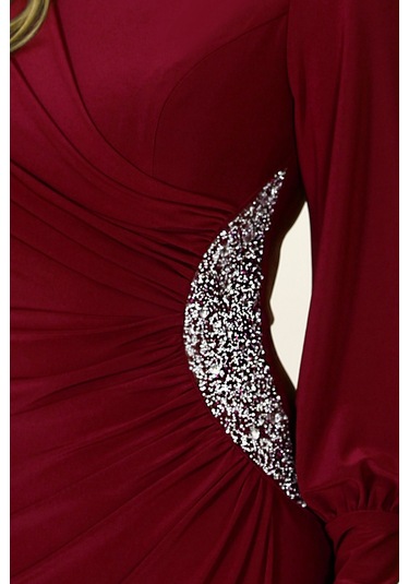 Taş Detaylı Lavinni Tesettür Abiye Elbise Bordo