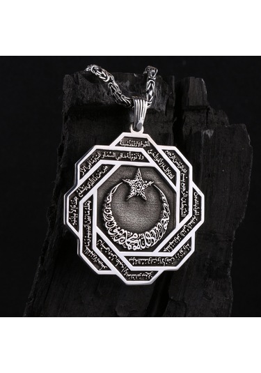 Fkgümüş 925 Ayar Gümüş Ayetel Kürsi Yazılı Ay Yıldız İşlemeli Madalyon Kolye