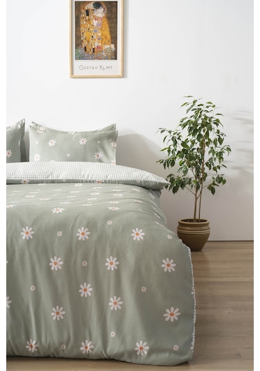 Rivaİstanbul Minimal Yeşil Papatya Çift Kişilik Nevresim Takımı Pamuklu Yeşil