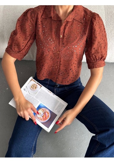 Brodeli Crop Gömlek S1023 Kahve