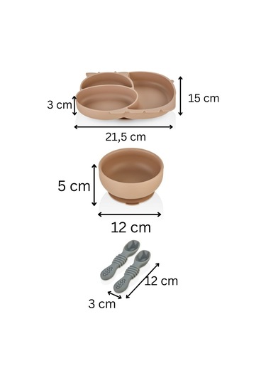 3'lü Silikon Bebek Beslenme Seti / Bölmeli Mama Tabağı / Mama Kasesi / Mama Kaşığı - Moka Mocca