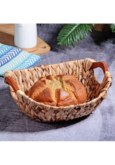 Hasır Rattan Ekmeklik Ekmek Sepeti Ahşap Sap Kahverengi