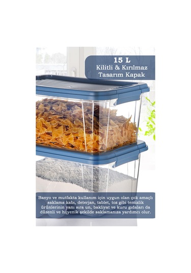 2'li Mega 15l Un Bakliyat Erzak Kabı - Kilitli Kapaklı Banyo Düzenleyici Deterjanlık Saklama Kutusu Mavi