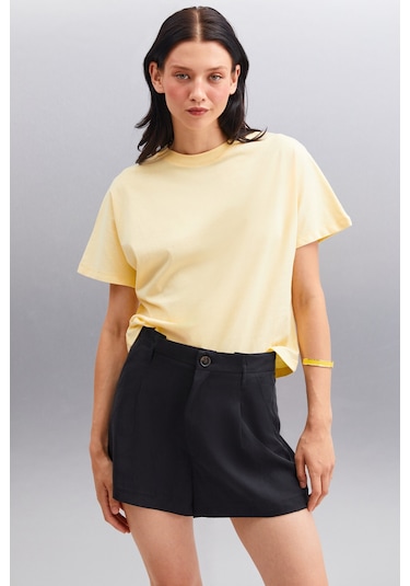 Lottıe Kadın %100 Organik Pamuklu Regular Kalıp Bisiklet Yaka Basic Kısa Kollu Sarı T-shirt