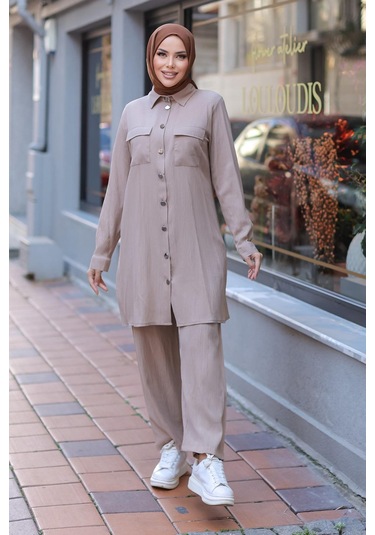 Cep Detaylı Tesettür Vizon Takım Vizon